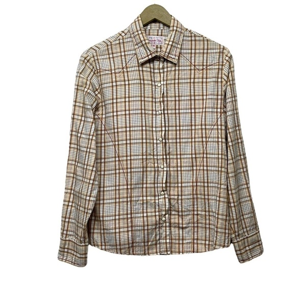 Panhandle Slim Beige White Plaid Snap Button Western Shirt Size Medium - Picture 1 of 5